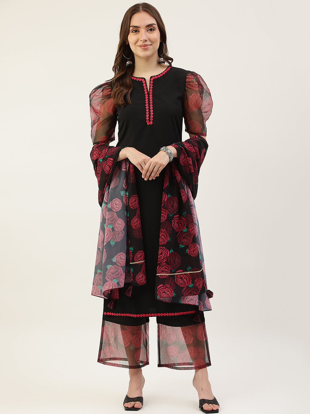 FIORRA Women's Black Crepe Straight Kurta with Palazzo and Dupatta